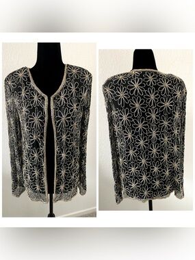 Mark & John by Gopal Black Sheer Beaded Floral Open Front Cardigan Long Sleeve M
